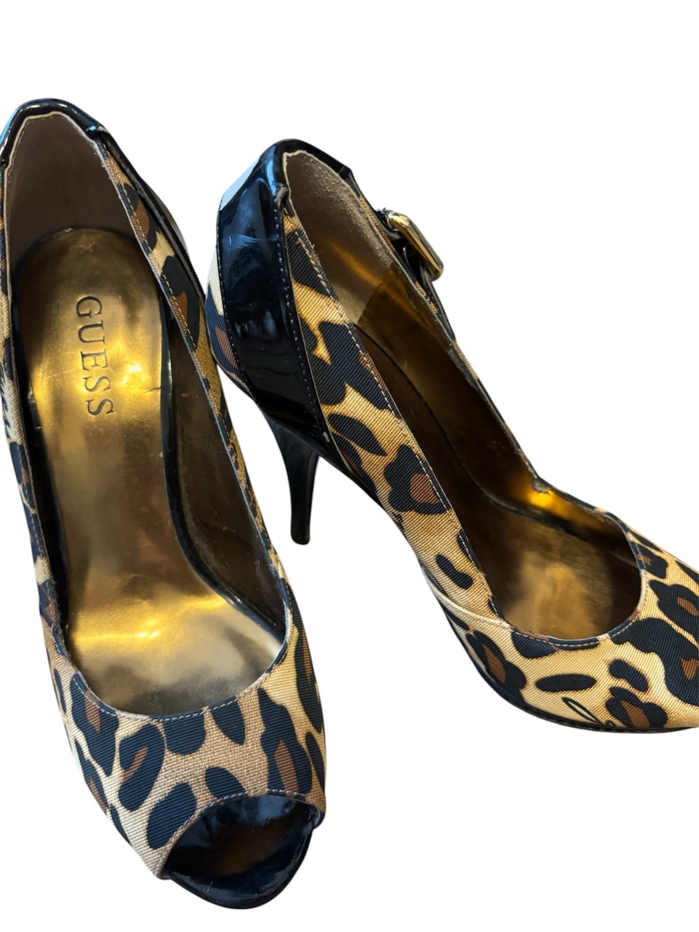 GUESS Leopard-Print Peep-Toe Pumps in Tan & Black